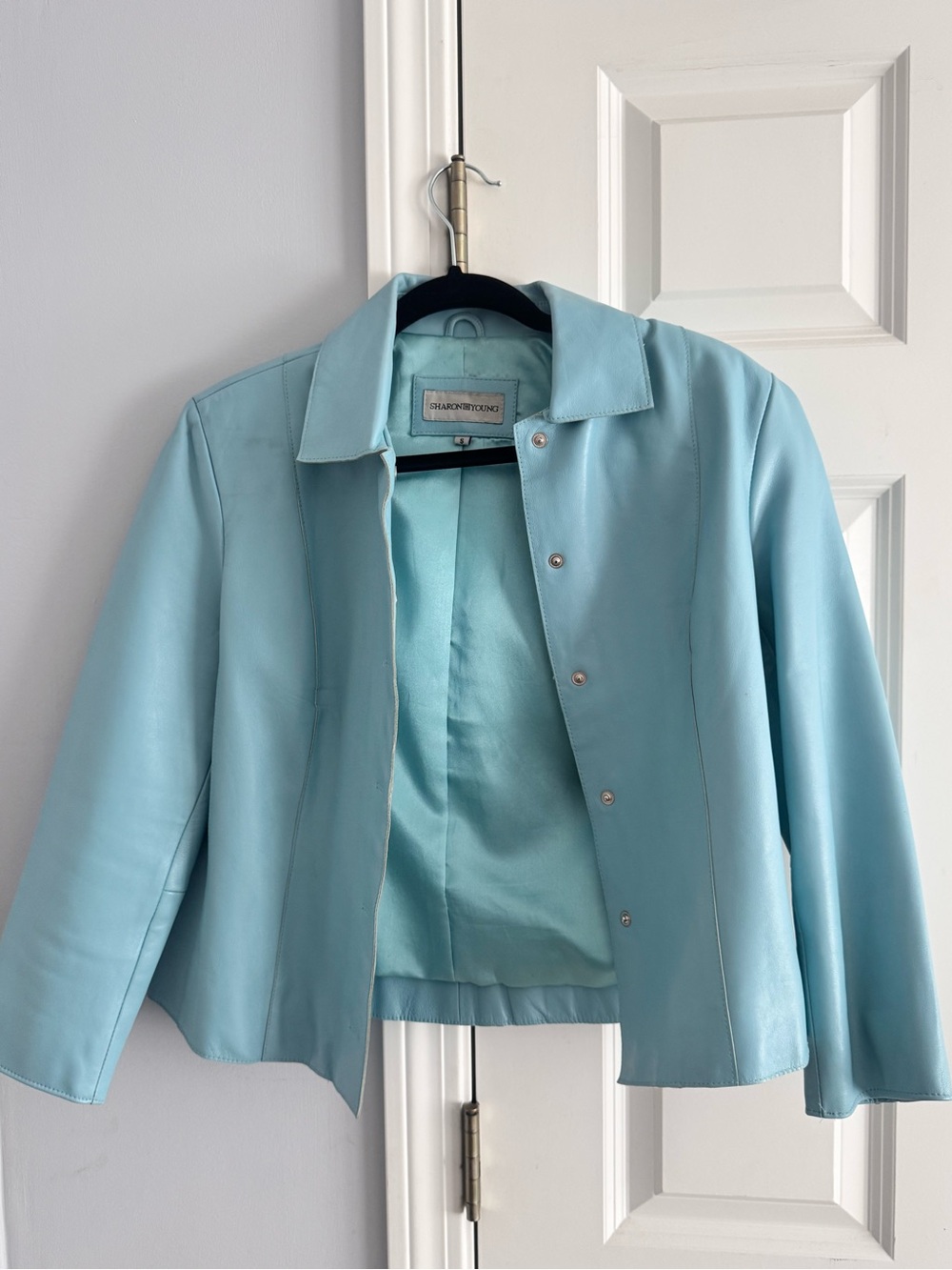 VTG Sharon Young Aqua/ Teal/ Light Blue Leather Jacket - Women's